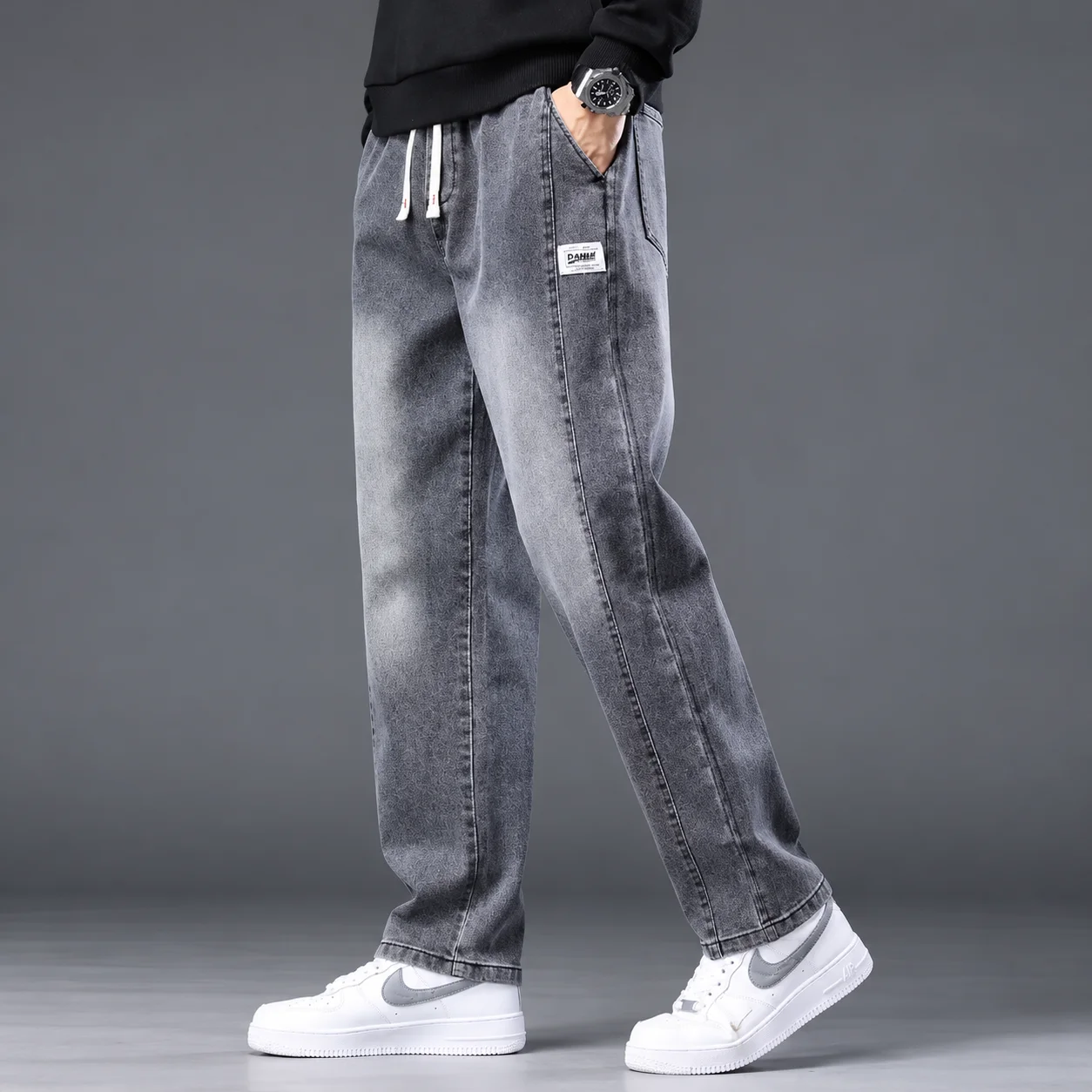 Men's Sky Blue Baggy Denim Trouser with Drawstring Waist