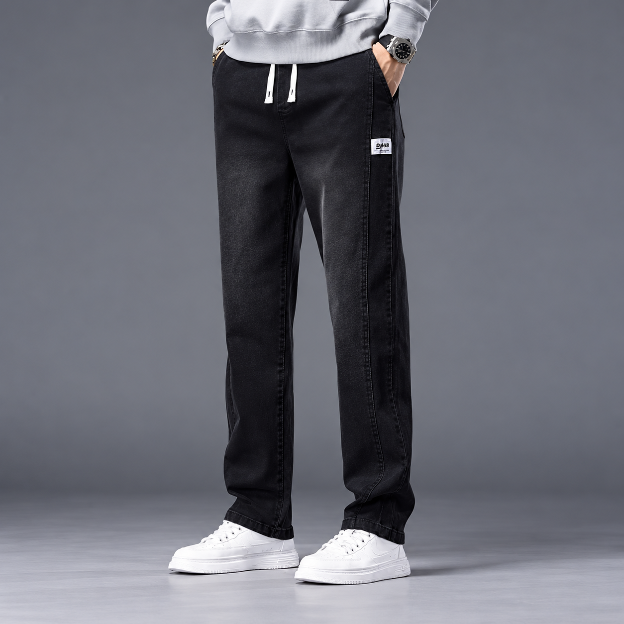 Men's Black Baggy Trouser with Elastic Drawstring Waist(Black)