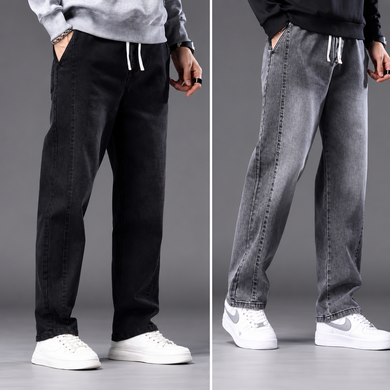 Men's Black Baggy Trouser with Elastic Drawstring Waist(Black+Ash)