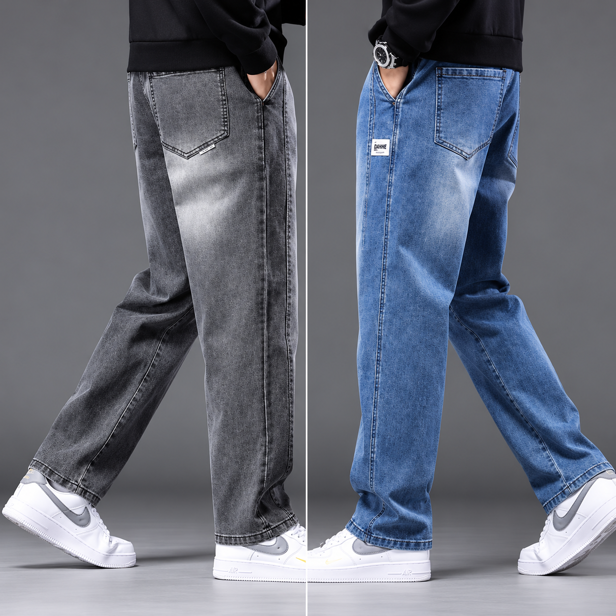 Men's Black Baggy Trouser with Elastic Drawstring Waist(Ash+Sky blue)