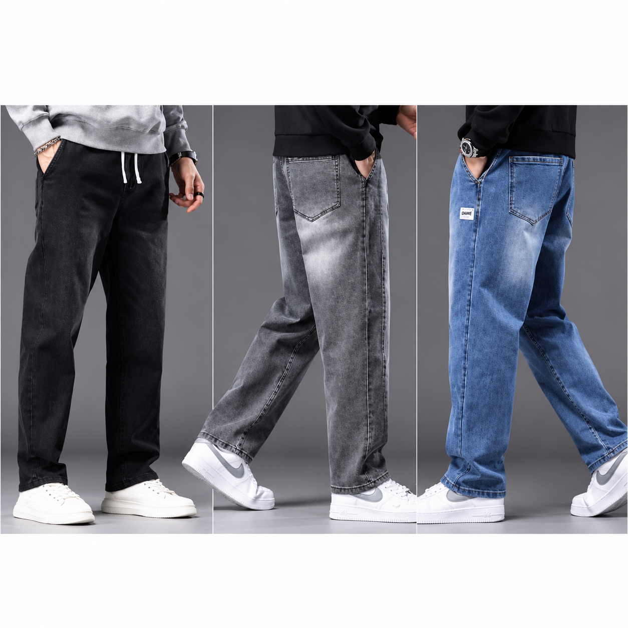 Men's Black Baggy Trouser with Elastic Drawstring Waist(Black +Ash +Sky Blue)