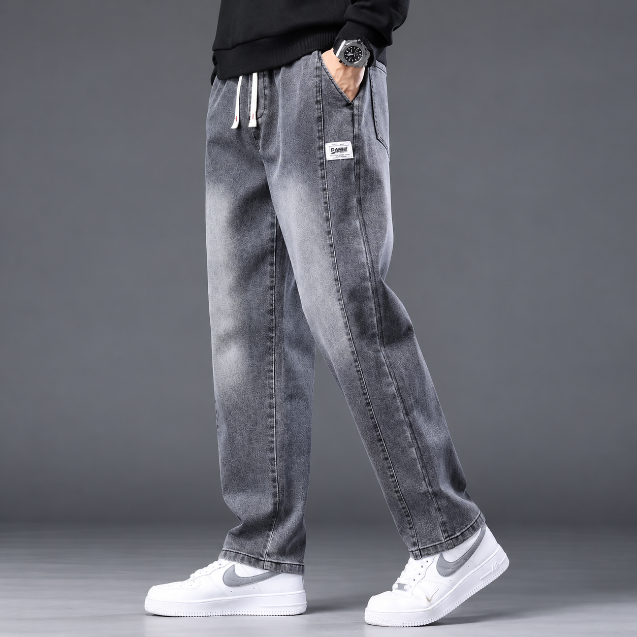 Men's Black Baggy Trouser with Elastic Drawstring Waist(Black +Ash +Sky Blue) picture 4