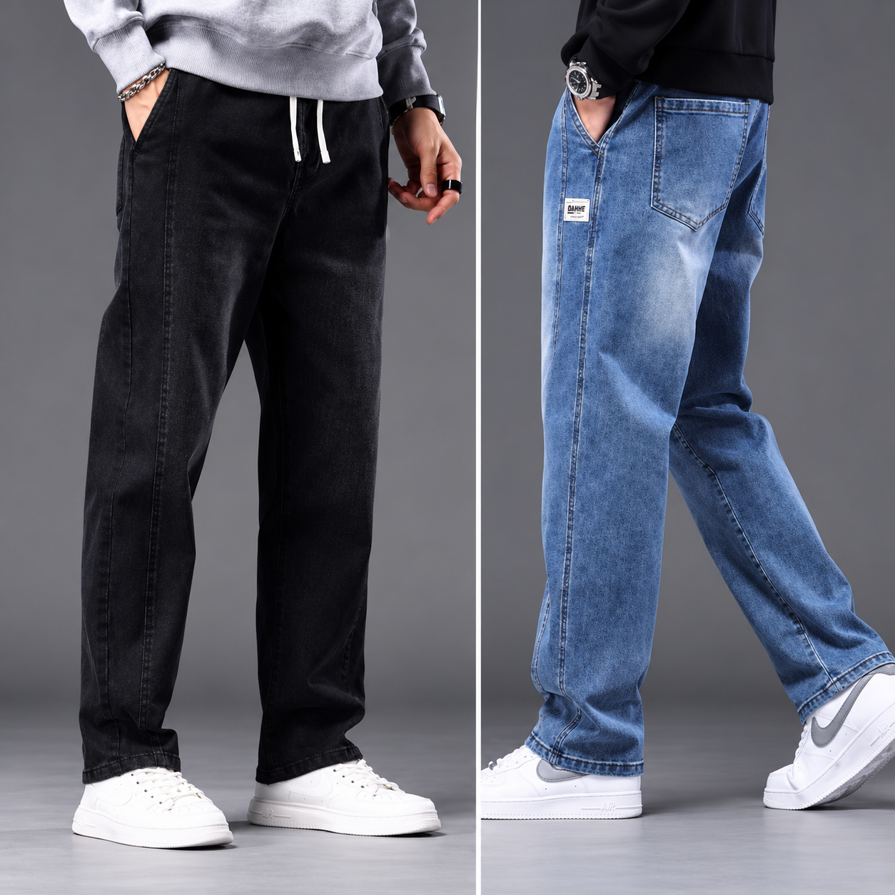 Men's Black Baggy Trouser with Elastic Drawstring Waist(Black+Skay blue)