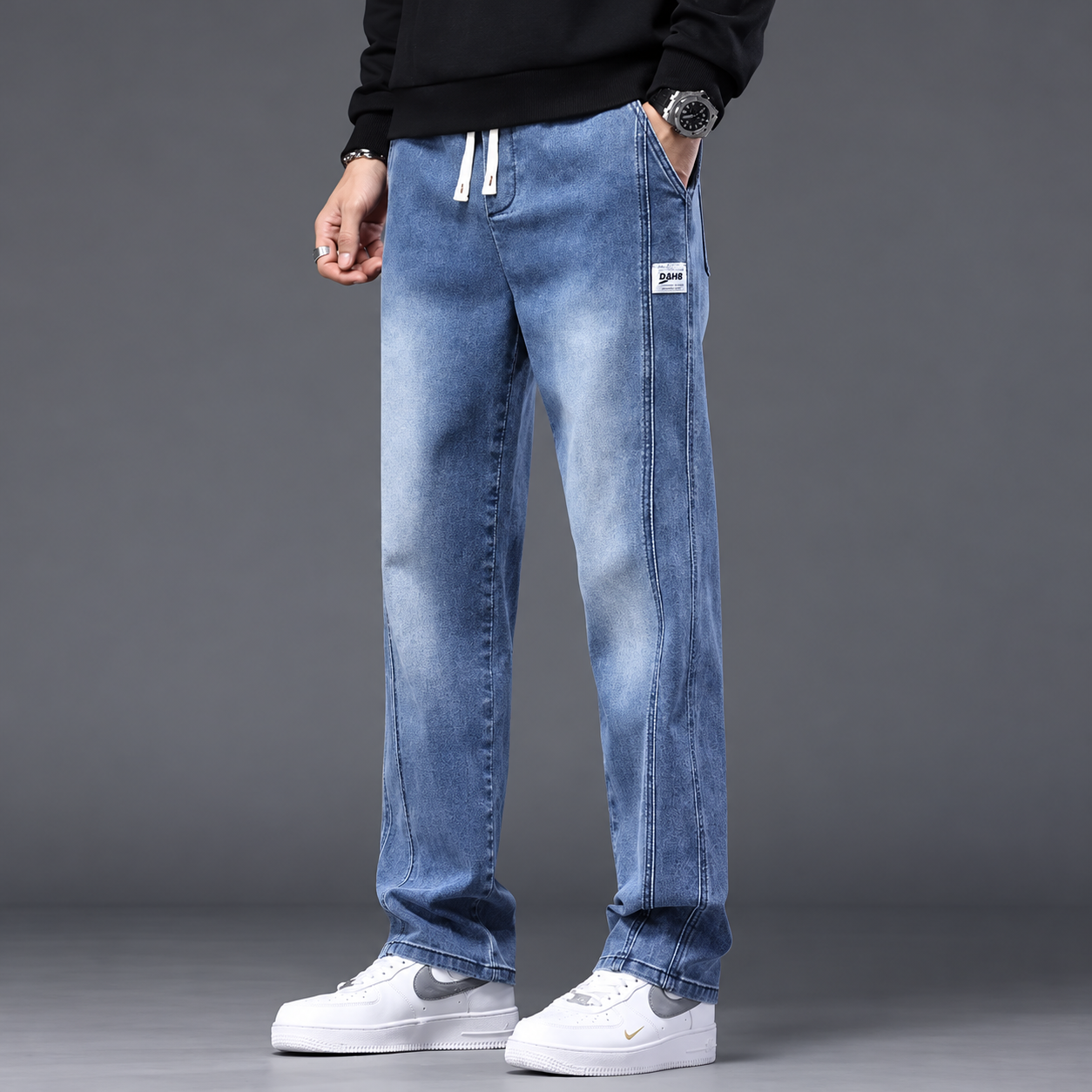 Men's Black Baggy Trouser with Elastic Drawstring Waist(Black+Skay blue) picture 3